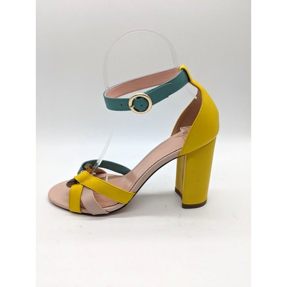 J.Crew Stella Heels with Tortoise Ring Sandals 6 Colorblock Blue/Yellow; - Picture 4 of 11